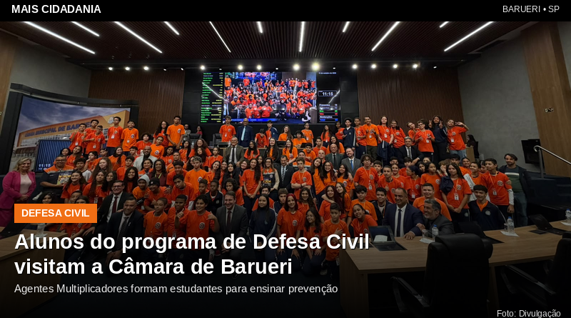 Estudantes do programa de Defesa Civil de Barueri visitam a Câmara e mostram como a prevenção pode começar na escola
