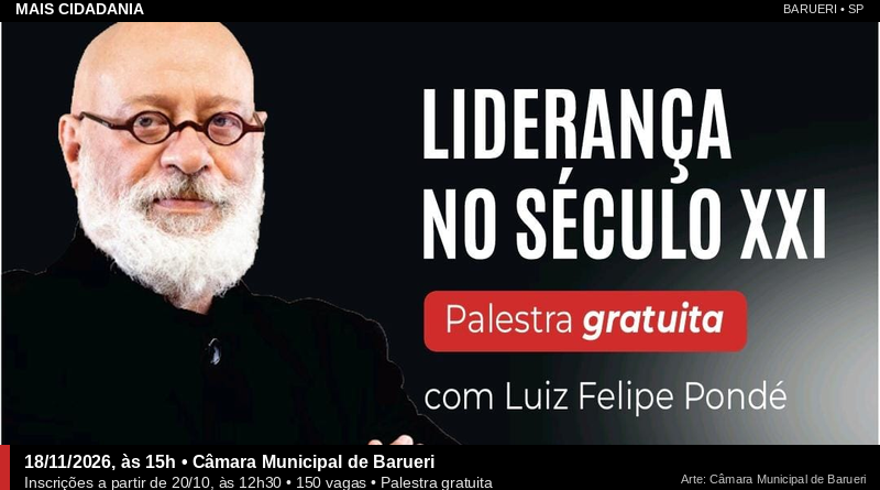 Palestra com Luiz Felipe Pondé na Câmara de Barueri será em 18 de Novembro; inscrições começam dia 20 de Outubro.